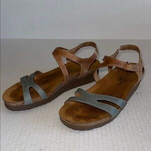 NAOT Janis Leather And Cork Low Wedge Sandals In Tan And Light Cadet Blue